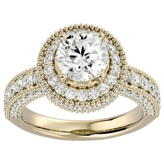 Moissanite Engagement Ring; 2 3/4 Carat Moissanite Halo Engagement Ring In 14 Karat Yellow Gold
