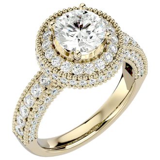 Moissanite Engagement Ring; 2 3/4 Carat Moissanite Halo Engagement Ring In 14 Karat Yellow Gold