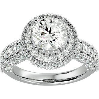 Moissanite Engagement Ring; 3 1/2 Carat Moissanite Halo Engagement Ring In 14 Karat White Gold
