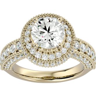 Moissanite Engagement Ring; 3 1/2 Carat Moissanite Halo Engagement Ring In 14 Karat Yellow Gold