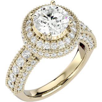 Moissanite Engagement Ring; 3 1/2 Carat Moissanite Halo Engagement Ring In 14 Karat Yellow Gold