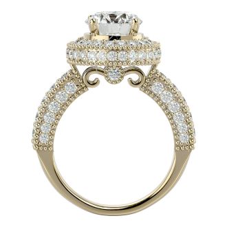 Moissanite Engagement Ring; 3 1/2 Carat Moissanite Halo Engagement Ring In 14 Karat Yellow Gold