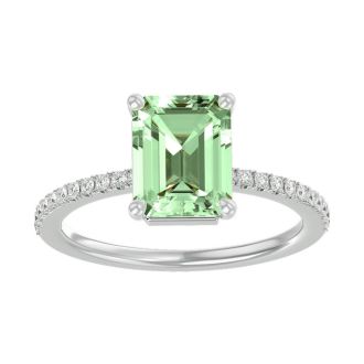 2 1/5 Carat Green Amethyst and Diamond Ring In 14 Karat White Gold