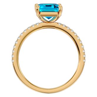 3 Carat Blue Topaz and Diamond Ring In 14 Karat Yellow Gold