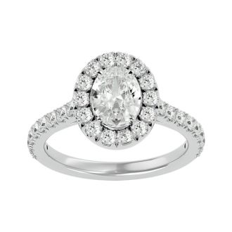 Moissanite Engagement Ring; 1 3/4 Carat Oval Shape Halo Moissanite Engagement Ring In 14 Karat White Gold