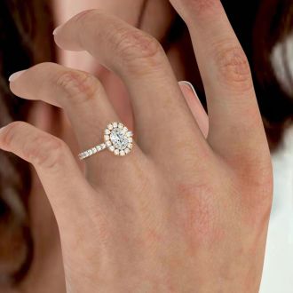 Moissanite Engagement Ring; 1 3/4 Carat Oval Shape Halo Moissanite Engagement Ring In 14 Karat Yellow Gold
