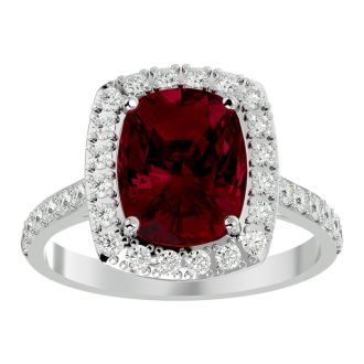 5 Carat Cushion Cut Ruby and Halo Diamond Ring In 18K White Gold