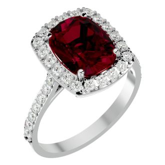 5 Carat Cushion Cut Ruby and Halo Diamond Ring In 18K White Gold