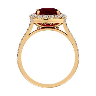 5 Carat Cushion Cut Ruby and Halo Diamond Ring In 18K Yellow Gold