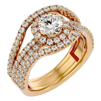 Moissanite Engagement Ring; 2 Carat Moissanite Halo Engagement Ring In 14 Karat Yellow Gold