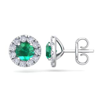 2 1/2 Carat Emerald and Diamond Halo Stud Earrings In 14 Karat White Gold