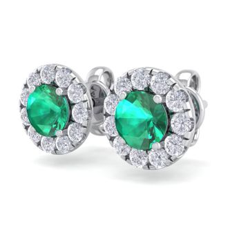 2 1/2 Carat Emerald and Diamond Halo Stud Earrings In 14 Karat White Gold
