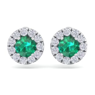 2 1/2 Carat Emerald and Diamond Halo Stud Earrings In 14 Karat White Gold