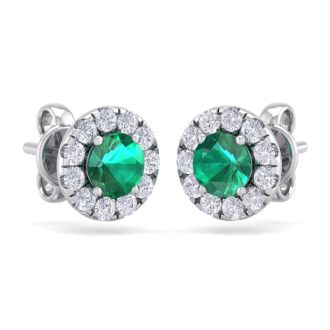 2 1/2 Carat Emerald and Diamond Halo Stud Earrings In 14 Karat White Gold