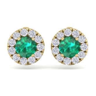 2 1/2 Carat Emerald and Diamond Halo Stud Earrings In 14 Karat Yellow Gold