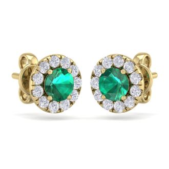 2 1/2 Carat Emerald and Diamond Halo Stud Earrings In 14 Karat Yellow Gold