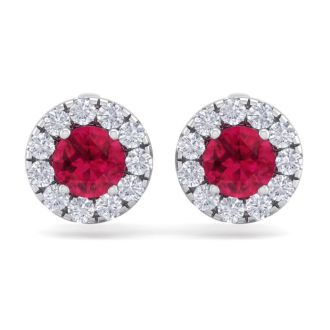 2 1/2 Carat Ruby and Diamond Halo Stud Earrings In 14 Karat White Gold