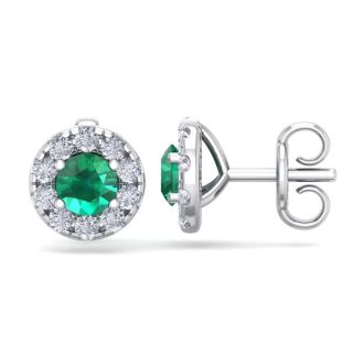 1 1/2 Carat Emerald and Diamond Halo Stud Earrings In 14 Karat White Gold
