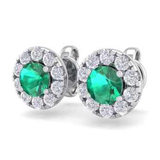 1 1/2 Carat Emerald and Diamond Halo Stud Earrings In 14 Karat White Gold