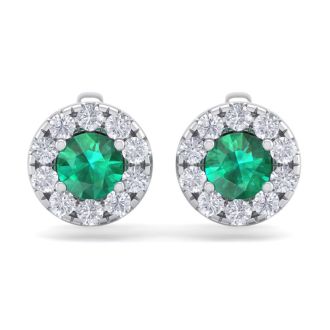 1 1/2 Carat Emerald and Diamond Halo Stud Earrings In 14 Karat White Gold