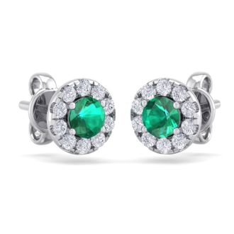 1 1/2 Carat Emerald and Diamond Halo Stud Earrings In 14 Karat White Gold