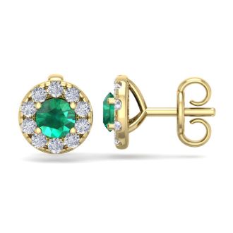 1 1/2 Carat Emerald and Diamond Halo Stud Earrings In 14 Karat Yellow Gold