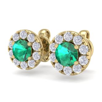 1 1/2 Carat Emerald and Diamond Halo Stud Earrings In 14 Karat Yellow Gold