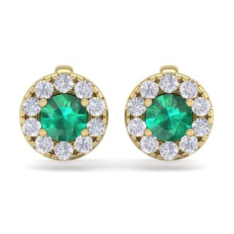 1 1/2 Carat Emerald and Diamond Halo Stud Earrings In 14 Karat Yellow Gold