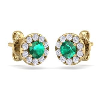 1 1/2 Carat Emerald and Diamond Halo Stud Earrings In 14 Karat Yellow Gold