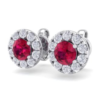 1 1/2 Carat Ruby and Diamond Halo Stud Earrings In 14 Karat White Gold