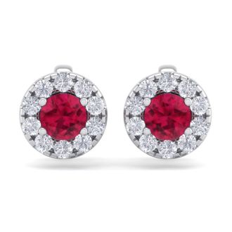 1 1/2 Carat Ruby and Diamond Halo Stud Earrings In 14 Karat White Gold