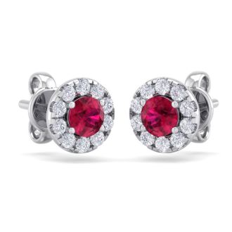 1 1/2 Carat Ruby and Diamond Halo Stud Earrings In 14 Karat White Gold