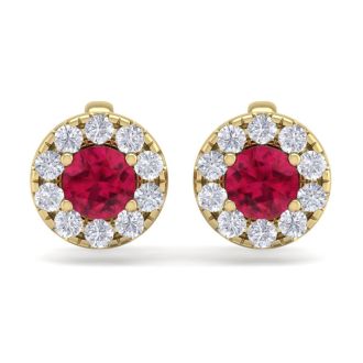 1 1/2 Carat Ruby and Diamond Halo Stud Earrings In 14 Karat Yellow Gold