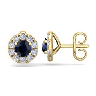 1 1/2 Carat Sapphire and Diamond Halo Stud Earrings In 14 Karat Yellow Gold