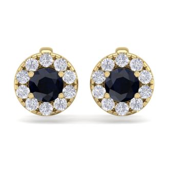 1 1/2 Carat Sapphire and Diamond Halo Stud Earrings In 14 Karat Yellow Gold