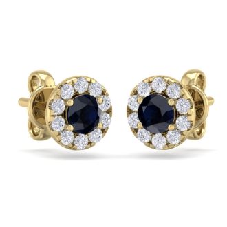 1 1/2 Carat Sapphire and Diamond Halo Stud Earrings In 14 Karat Yellow Gold