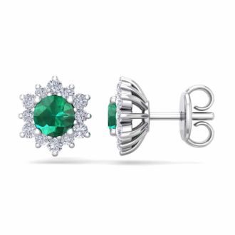 1 Carat Round Shape Flower Emerald and Diamond Halo Stud Earrings In 14 Karat White Gold