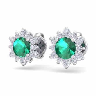 1 Carat Round Shape Flower Emerald and Diamond Halo Stud Earrings In 14 Karat White Gold