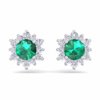1 Carat Round Shape Flower Emerald and Diamond Halo Stud Earrings In 14 Karat White Gold