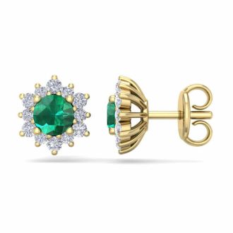 1 Carat Round Shape Flower Emerald and Diamond Halo Stud Earrings In 14 Karat Yellow Gold