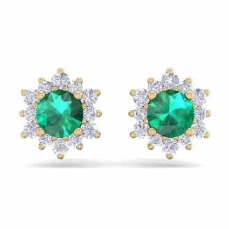 1 Carat Round Shape Flower Emerald and Diamond Halo Stud Earrings In 14 Karat Yellow Gold