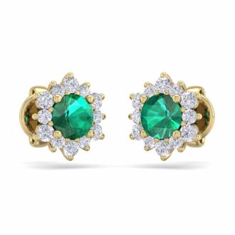 1 Carat Round Shape Flower Emerald and Diamond Halo Stud Earrings In 14 Karat Yellow Gold