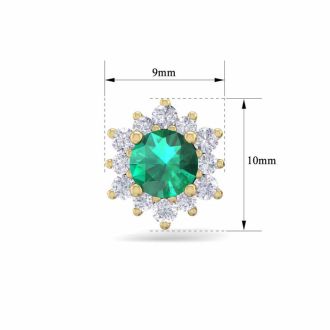 1 Carat Round Shape Flower Emerald and Diamond Halo Stud Earrings In 14 Karat Yellow Gold
