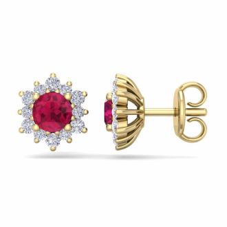 1 Carat Round Shape Flower Ruby and Diamond Halo Stud Earrings In 14 Karat Yellow Gold