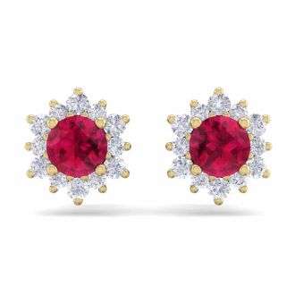 1 Carat Round Shape Flower Ruby and Diamond Halo Stud Earrings In 14 Karat Yellow Gold