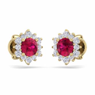 1 Carat Round Shape Flower Ruby and Diamond Halo Stud Earrings In 14 Karat Yellow Gold