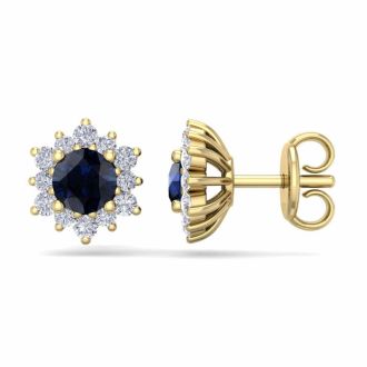 1 Carat Round Shape Flower Sapphire and Diamond Halo Stud Earrings In 14 Karat Yellow Gold