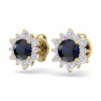 1 Carat Round Shape Flower Sapphire and Diamond Halo Stud Earrings In 14 Karat Yellow Gold