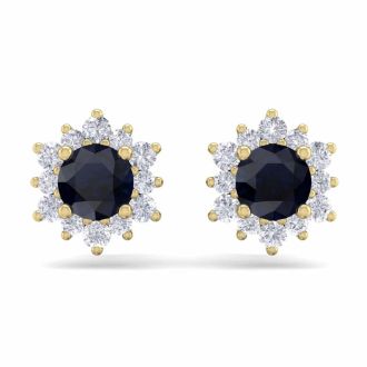 1 Carat Round Shape Flower Sapphire and Diamond Halo Stud Earrings In 14 Karat Yellow Gold
