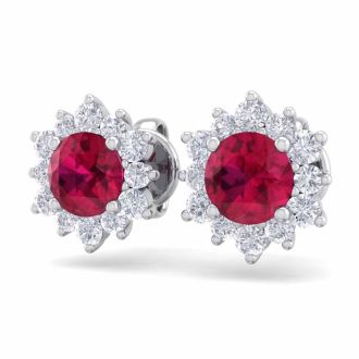 1 1/2 Carat Round Shape Flower Ruby and Diamond Halo Stud Earrings In 14 Karat White Gold